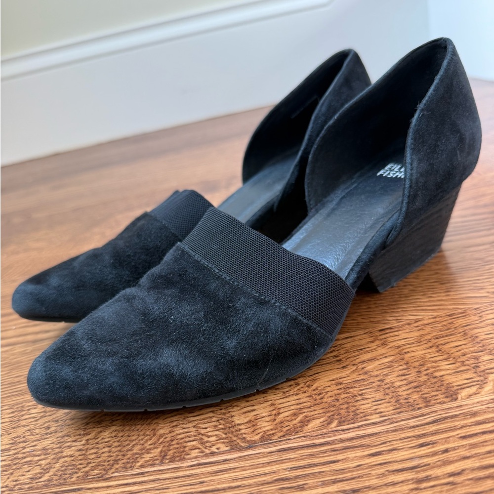EILEEN FISHER Hilly Wedge D’orsay Black Suede Leather Shoes Classic Modern 8.5